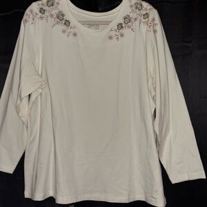 D&Co Denim & Company 1X Ivory Embroidered Long Sleeve Top Plus Size